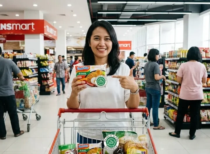 인도네시아 소비자가 식품 구매 전 할랄 마크를 확인하는 모습